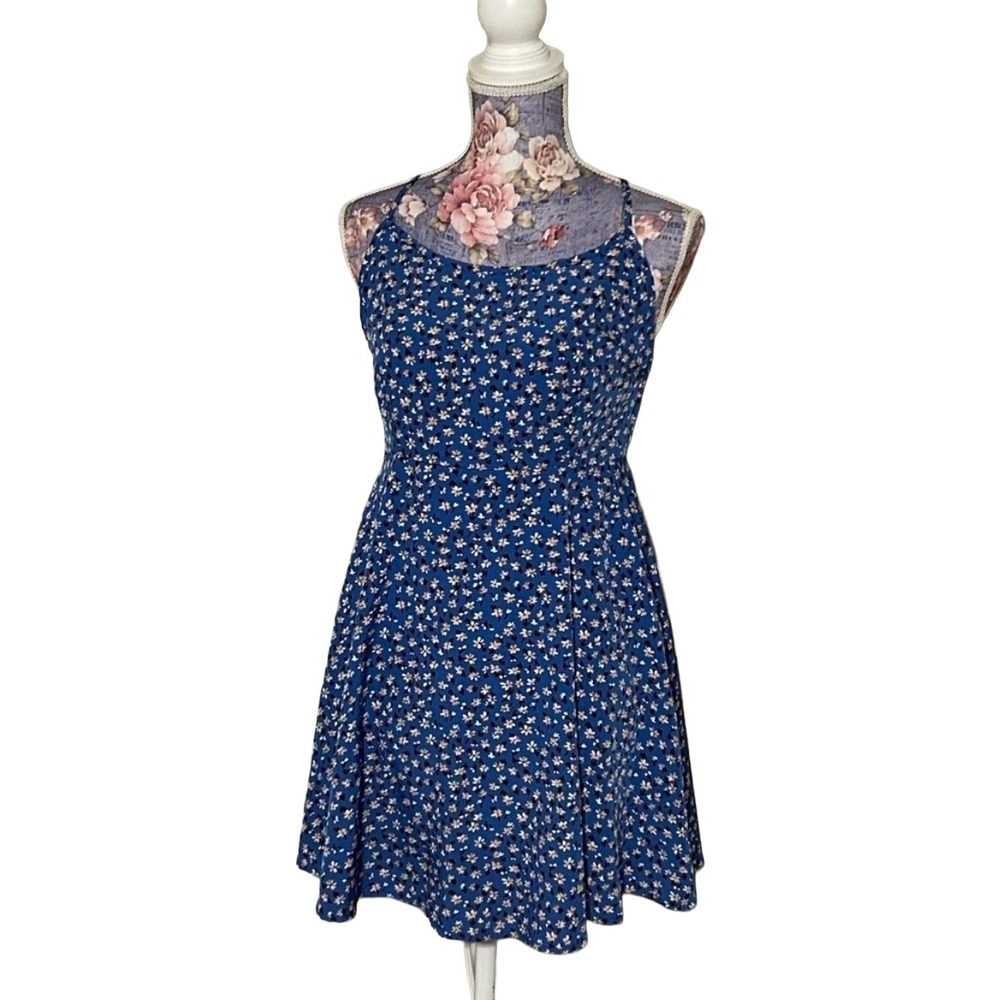 SHEIN Blue Floral Open Back Mini Dress Large Fit & Flare Strappy Summer Dress